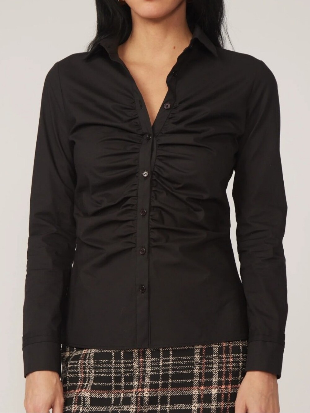 Milky & Honey Black Ruched Button Up Blouse